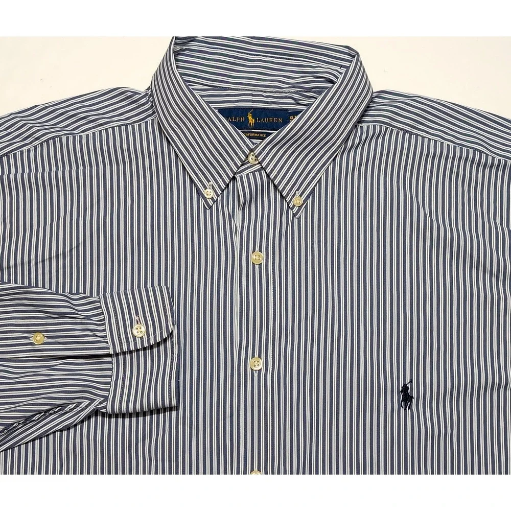 POLO RALPH LAUREN Performance Long Sleeve Button Shirt Blue Striped XLT XL Tall